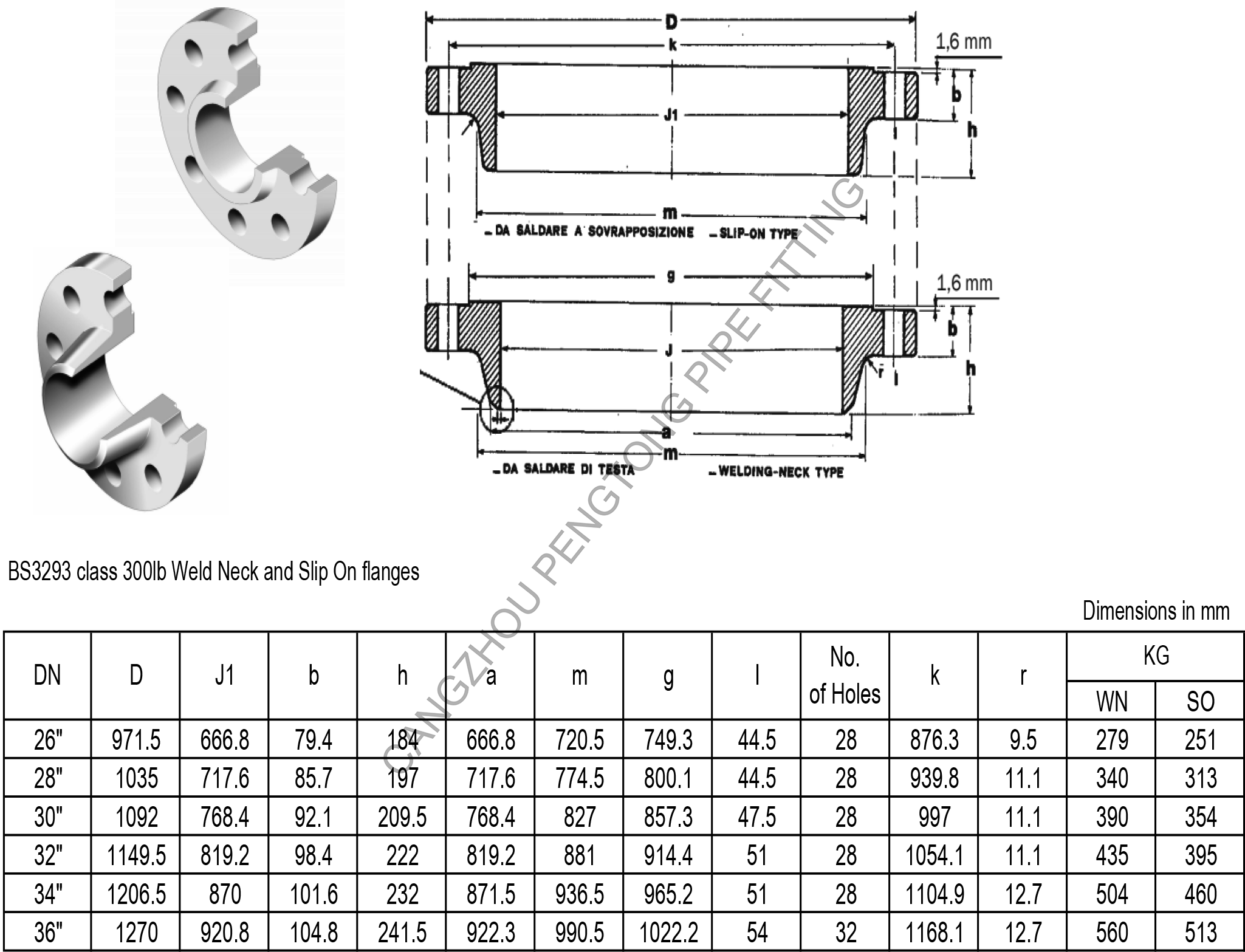 BS3293 class 300lb Weld Neck and Slip On flange dimension