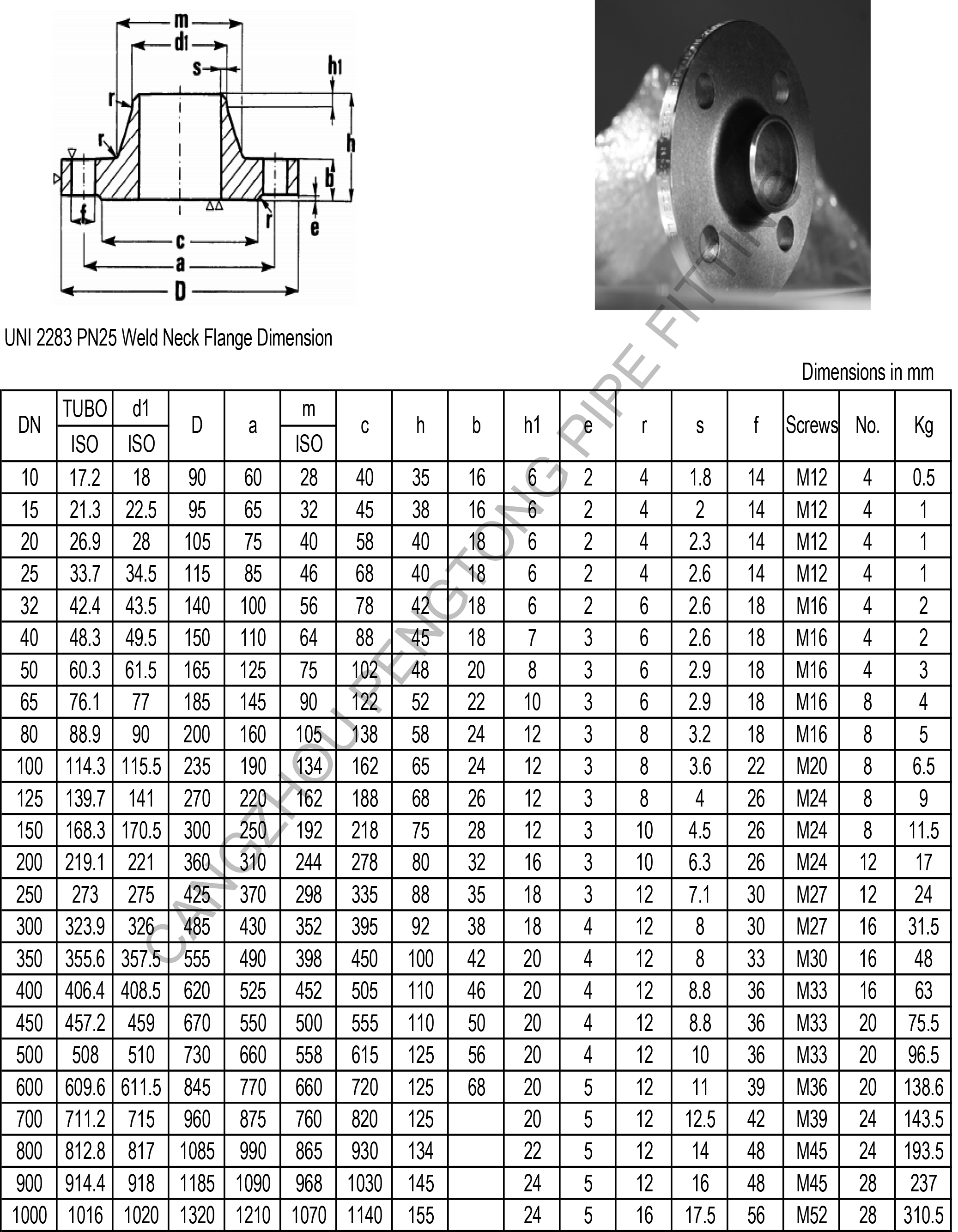 UNI 2283 PN25 Weld Neck Flange Dimension and Weight