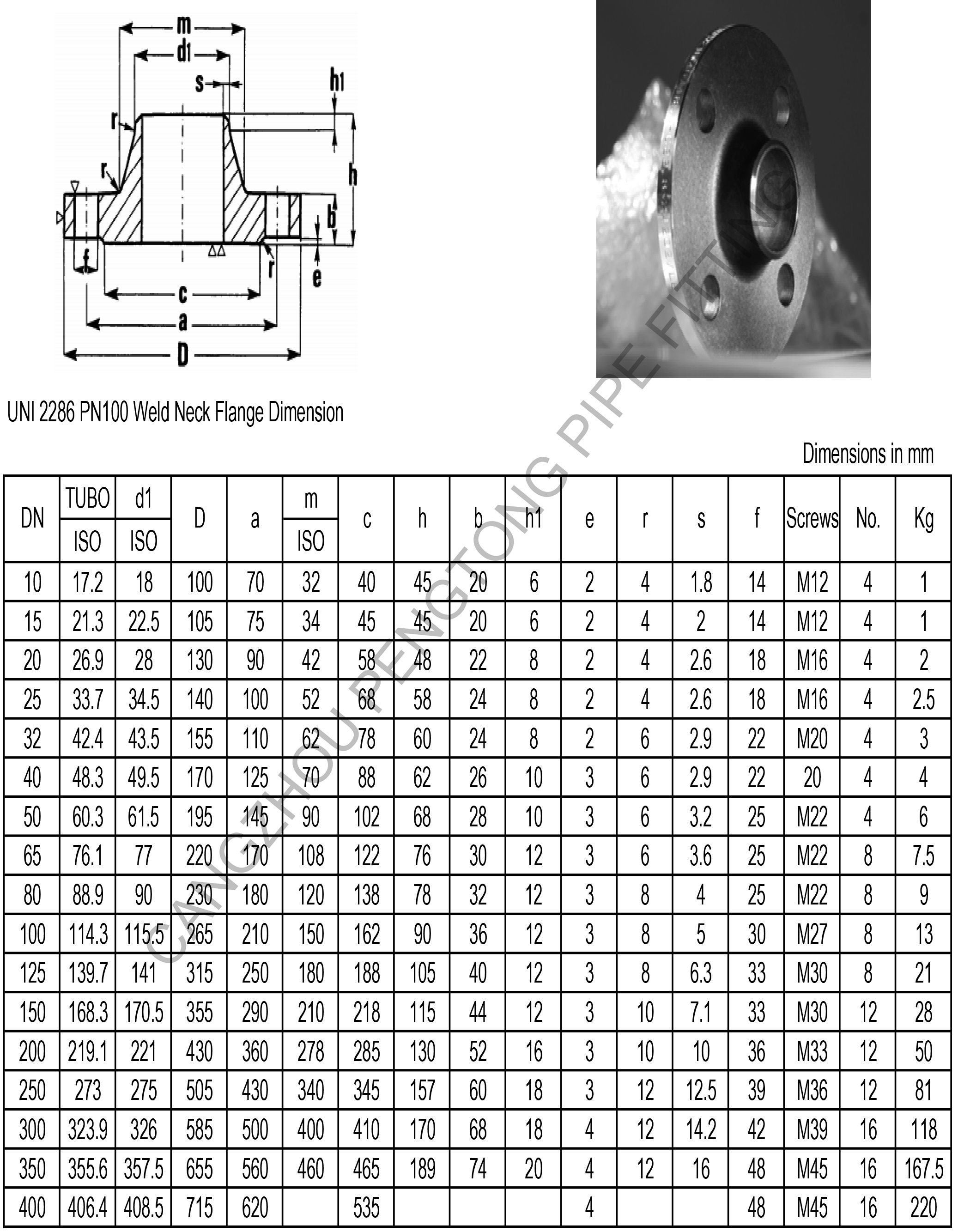 UNI 2286 PN100 Weld Neck Flange Dimension and Weight