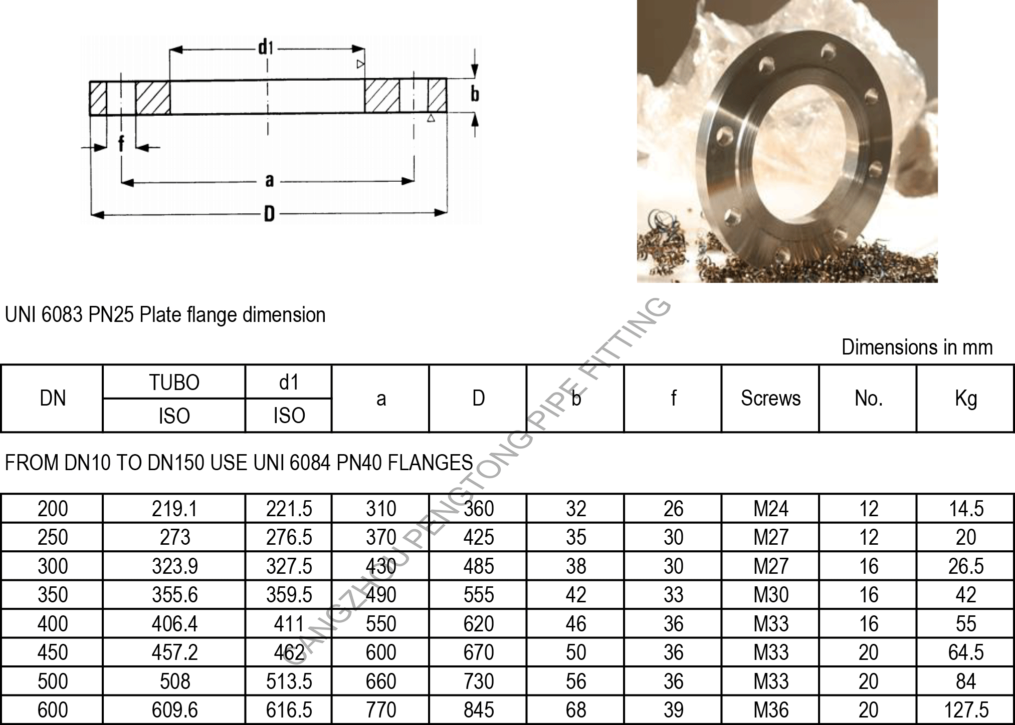 UNI 6083 PN25 Plate flange dimension and weight